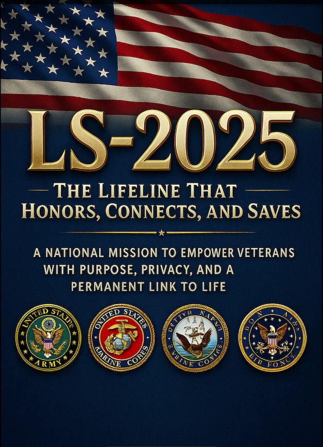 LS-2025 promotional design with American flag and military service seals.